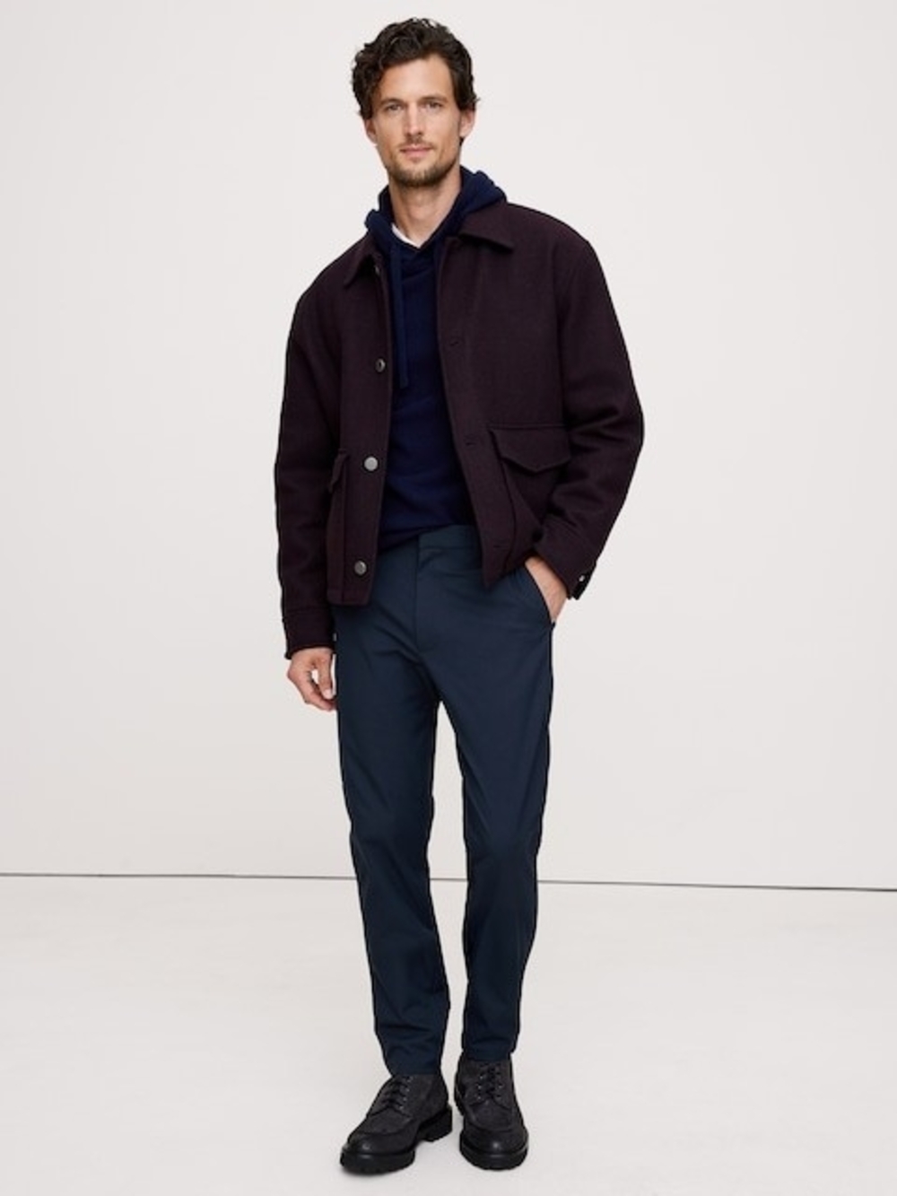 Banana Republic Wool Blend Men Button-Front Shirt Jacket in Deep Plum